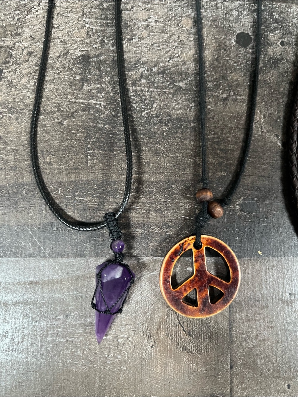 Set of 3 Boho Style Necklaces Peace Sign, Purple Crystal & 2 Tier Beaded Leaf - Picture 2 of 6